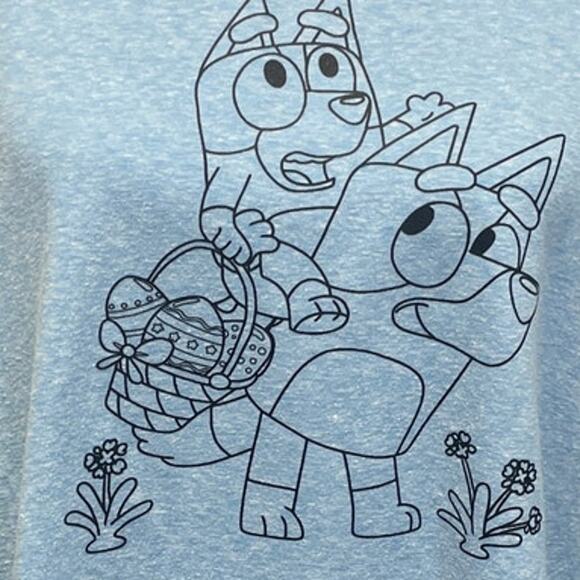 Hand Printed Upcycled Womens Large Bluey Bingo Easter Egg Short Sleeve Tee - Picture 2 of 5